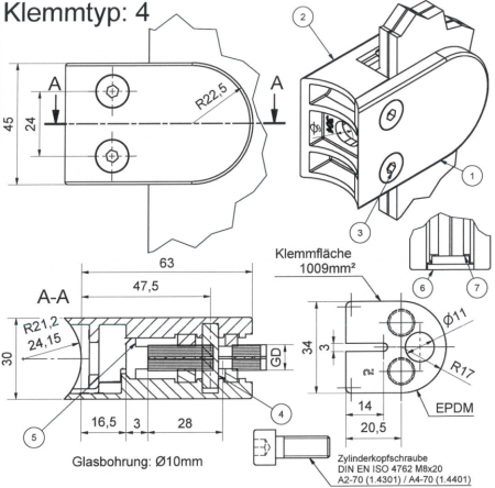 Glasklemme Edelstahl A2, Klemmtyp 4, Rohranschluss 12 mm / Rohr Ø42,4 mm