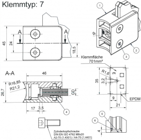 Glasklemme eckig Edelstahl A2, Klemmtyp 7, Rohranschluss 8mm / Rohr Ø33,7 mm